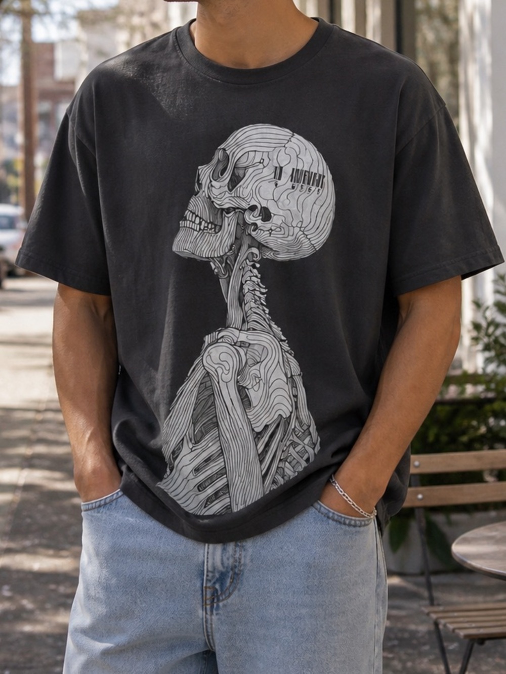 G West Skeleton Graphic T-Shirt Charcoal Grey Streetwear Tee Large